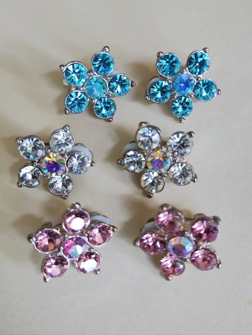 Vintage Joan Rivers 3 Pairs of Crystal Flower Shaped Clip On Earrings